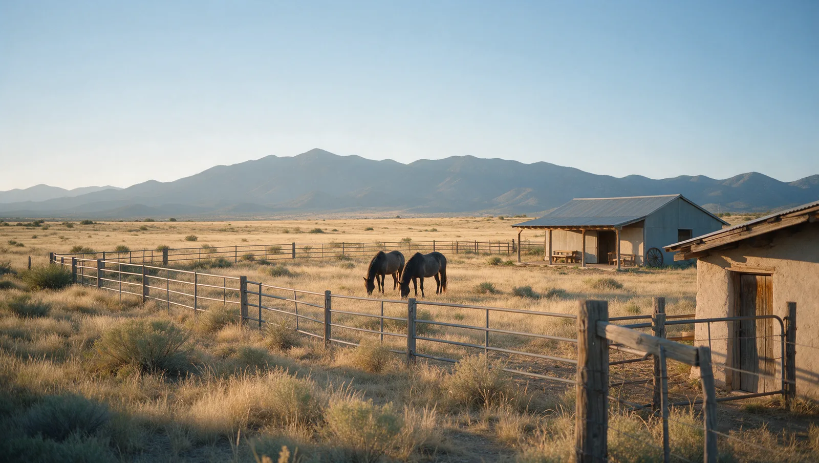 Dos caballos pastando junto a una cerca en un pequeño rancho del desierto alto