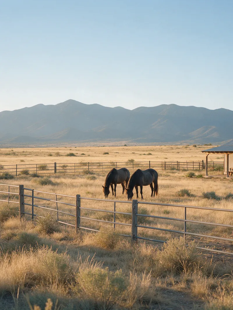 Dos caballos pastando detrás de una cerca de tubo en un pequeño rancho del desierto alto
