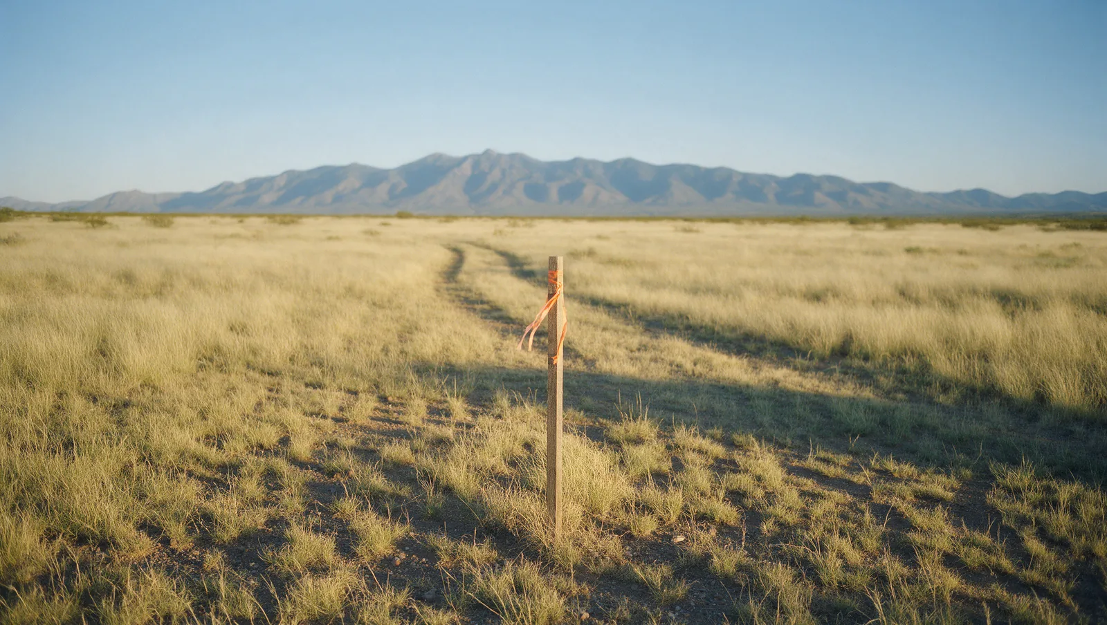 Open grassland parcel with a survey stake and a dirt track leading toward the Huachuca Mountains